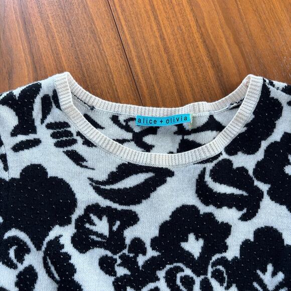 Alice + Olivia 100% Wool Sweater Black and Cream Floral Embellished Knit - Picture 2 of 12